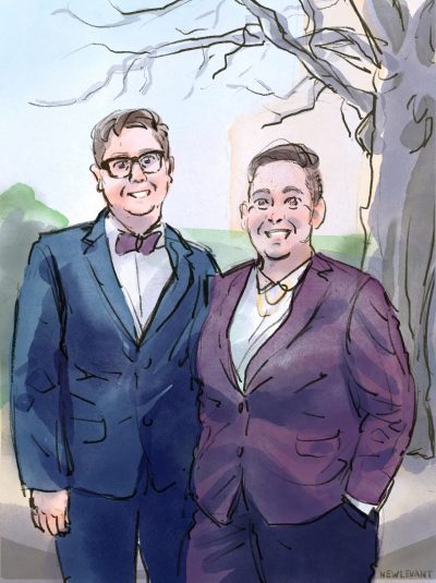 Digital watercolor illustration of two smiling white butches wearing suit jackets, standing together in front of a bare-branched tree.